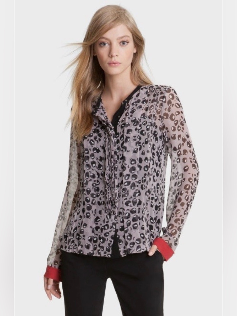 Diane Von Furstenberg Leopard-Print Silk Blouse Fushia Cuffs Sz P (S) Office